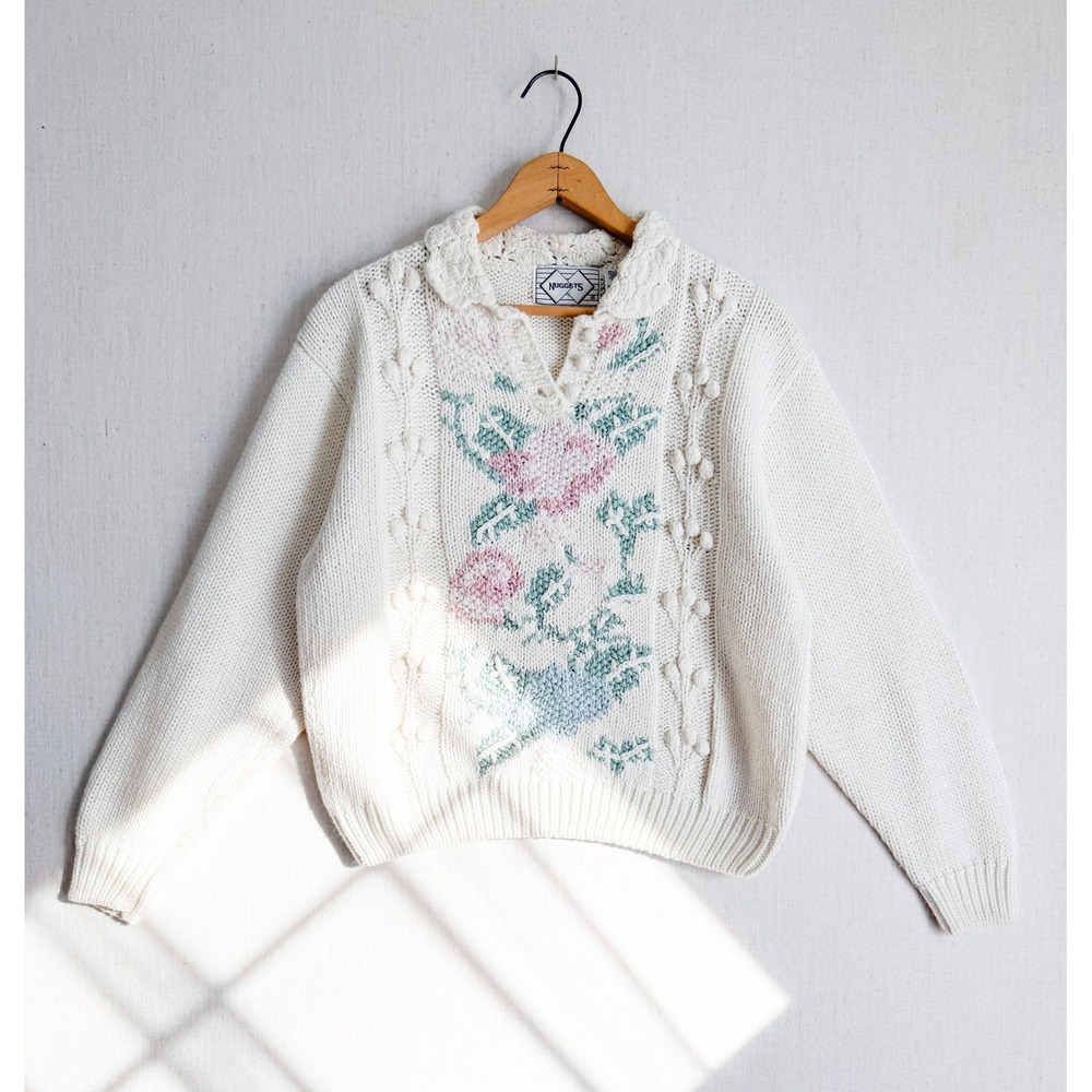Nuggets Vintage Floral Intarsia Knit Sweater Cream Pink Scalloped Collar‎ Large